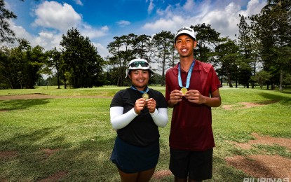 <p><strong>WINNERS.</strong> Cliff Nuñeza (right) and Ally Gaccion win in the 16-18 category of the ICTSI JPGT Mindanao Series 3 at Del Monte Golf Club in Bukidnon on Friday (Aug. 9, 2024). They will compete in the final leg at Pueblo de Oro in Cagayan de Oro starting on Aug. 12. <em>(Contributed photo) </em></p>