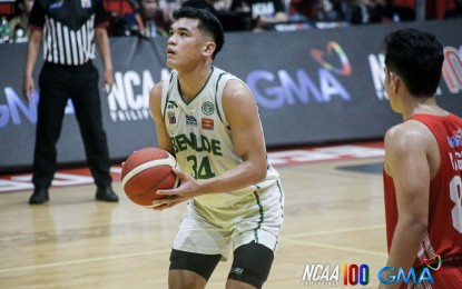 <p><strong>TOP SPOT.</strong> Allen Liwag of College of Saint Benilde makes a free throw during their game against Emilio Aguinaldo College in the NCAA Season 100 men's basketball at FilOil EcoOil Centre in San Juan on Sunday (Oct. 27, 2024). The league-leading Blazers won, 69-65. <em>(NCAA photo)</em></p>