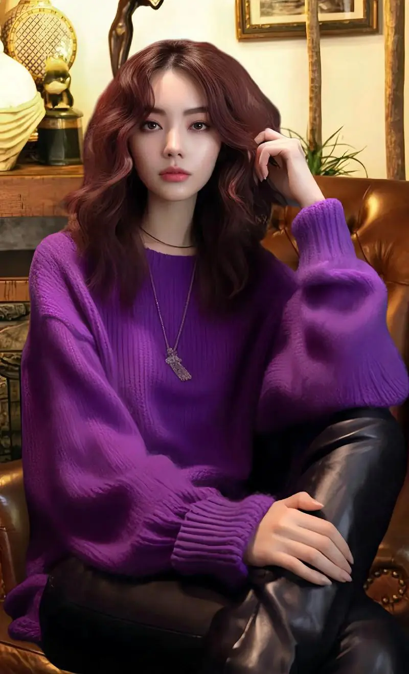 韩版紫色长款毛衣怎么搭配什么裤子好看图片欣赏