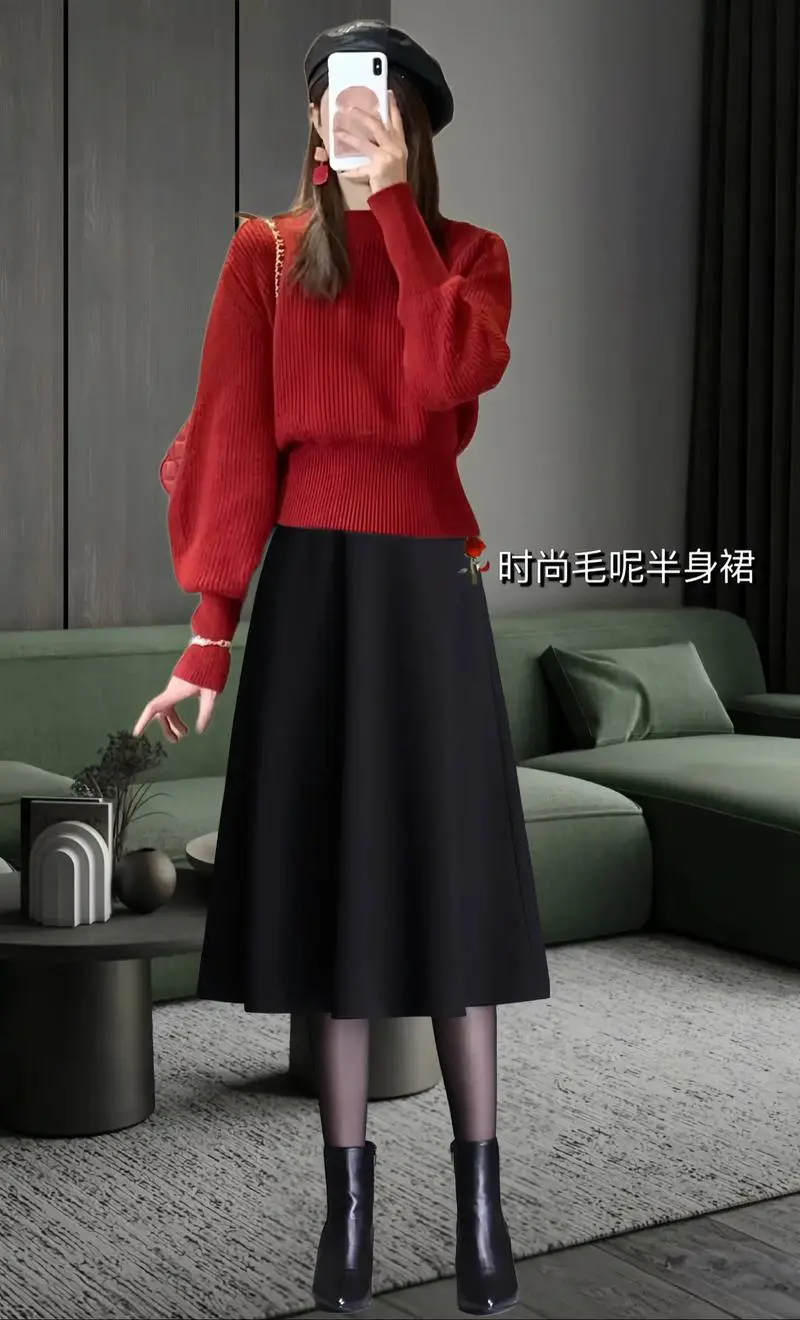 长款半身毛裙怎么搭配上衣