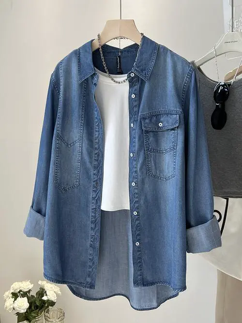 无领牛仔衬衫怎么搭配图片