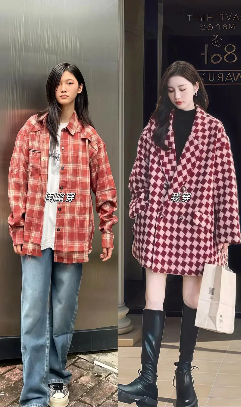 韩版格格子外套怎么搭配