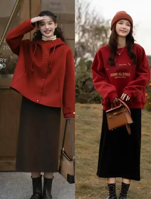 中长红色卫衣怎么搭配图片