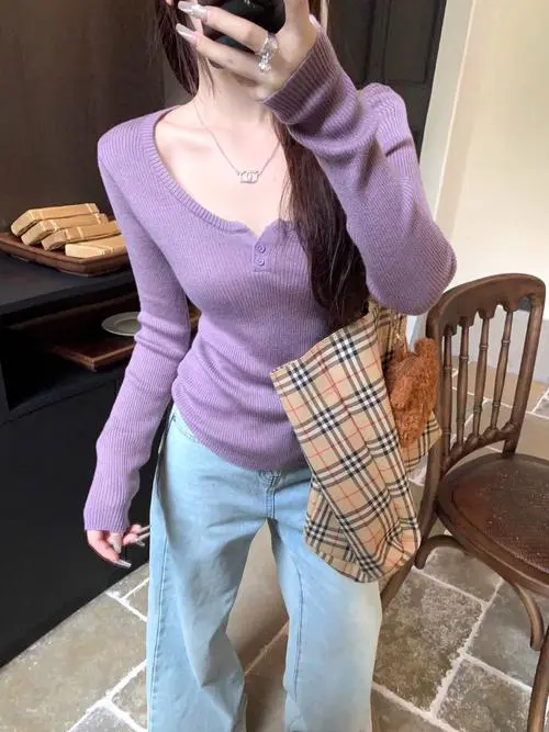 韩版紫色长款毛衣怎么搭配什么裤子好看图片大全