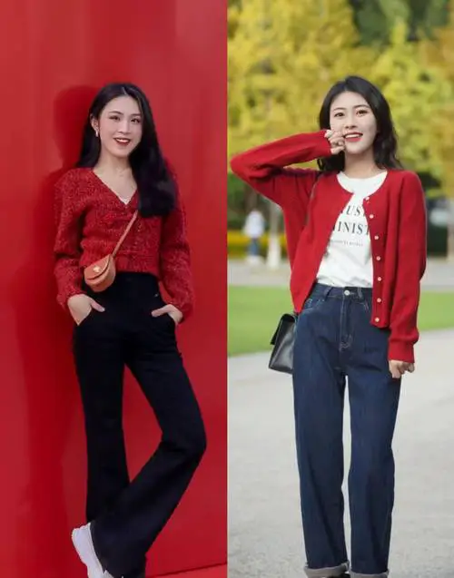 女士红色中款宽松毛衣怎么搭配图片