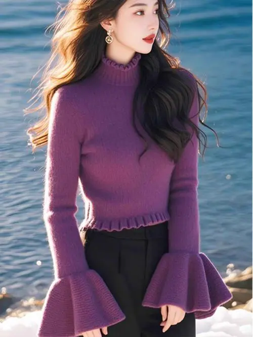 紫色尖头鞋怎么搭配针织衫