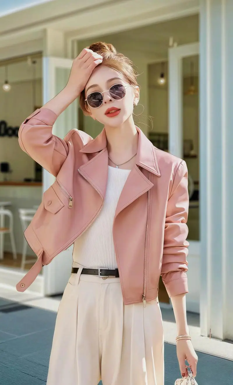 米粉色皮衣怎么搭配图片