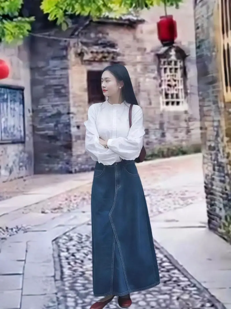 长袖寸衫牛仔裙怎么搭配图片