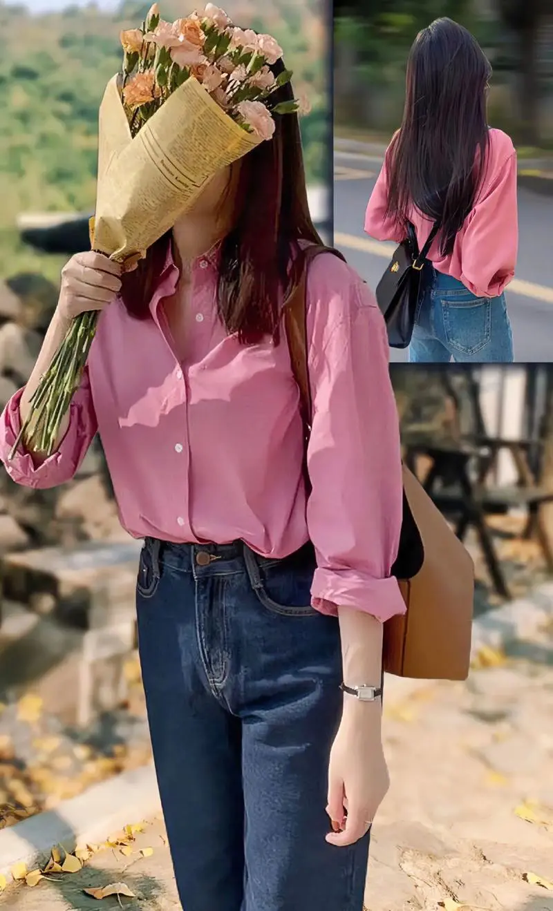 女款粉色花衬衣怎么搭配