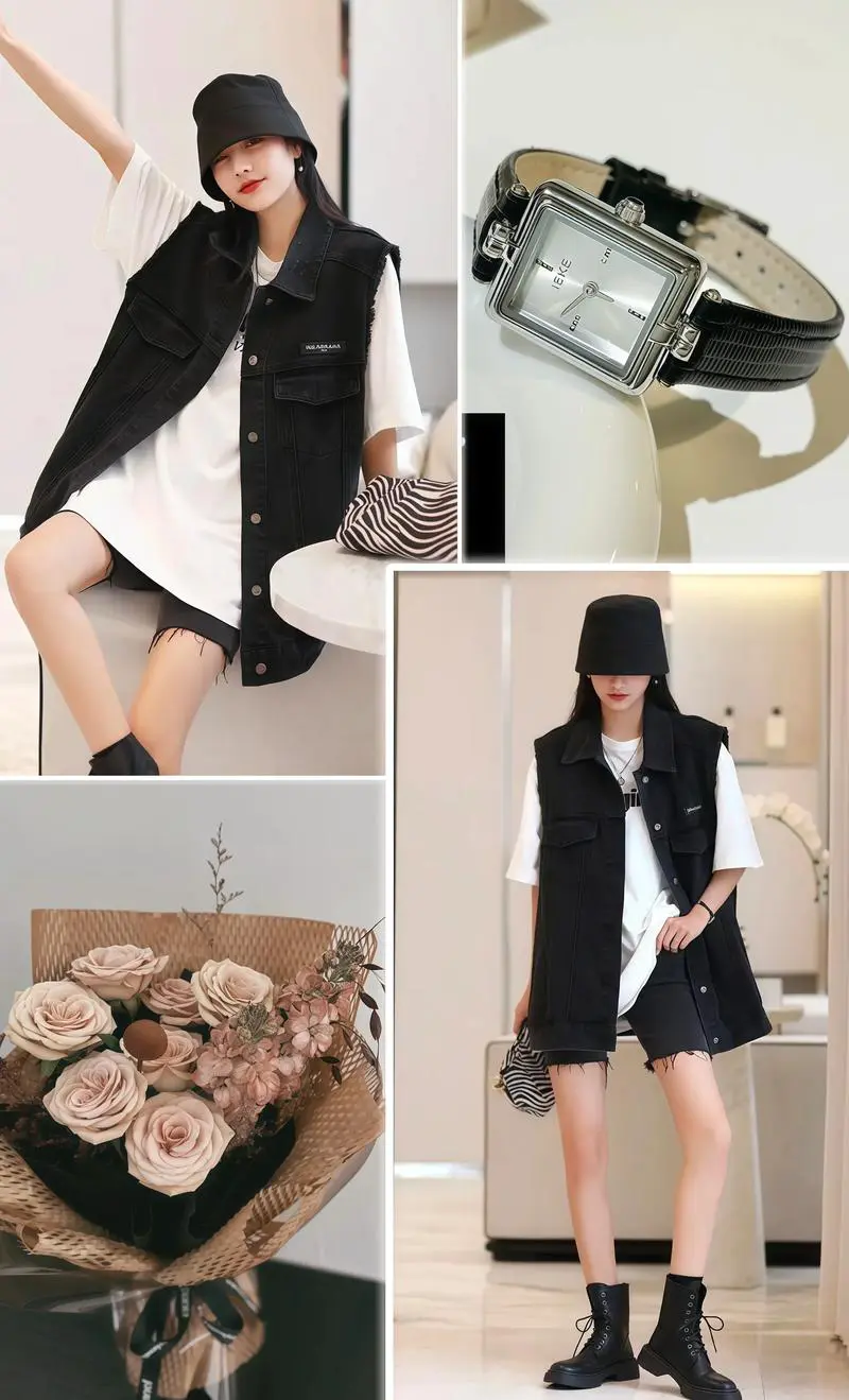 黑色牛仔马甲怎么搭配图片女