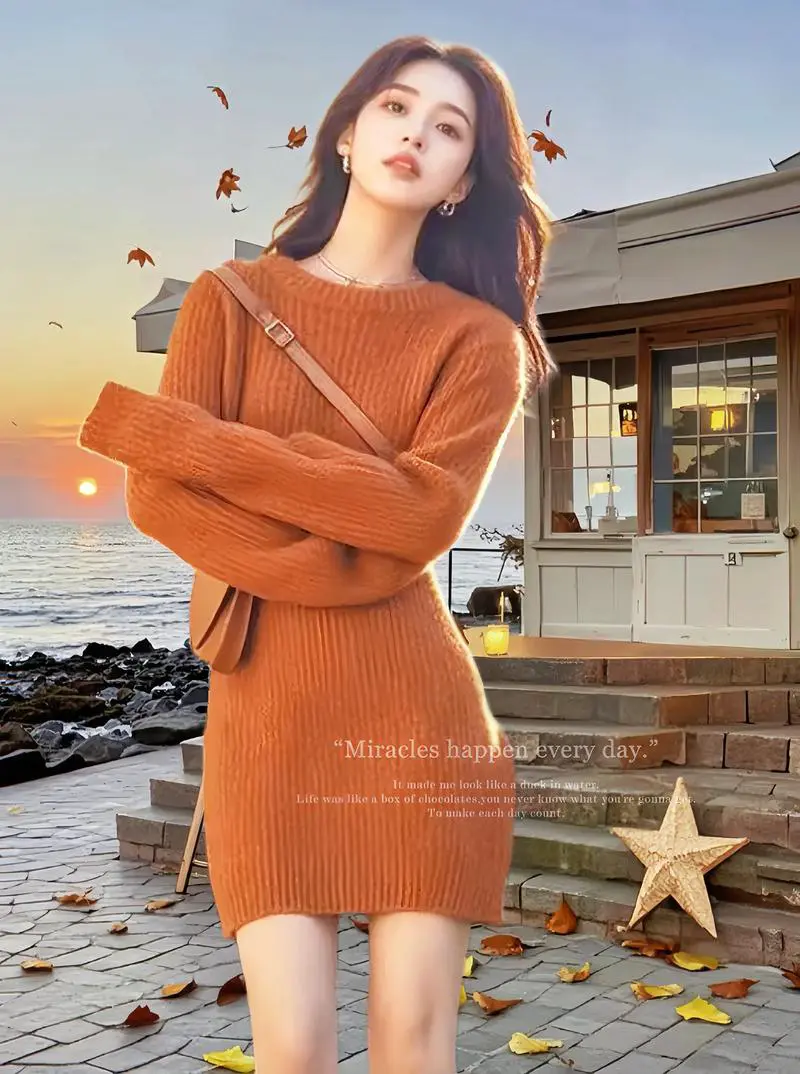 秋冬桔红色的针织裙怎么搭配图片