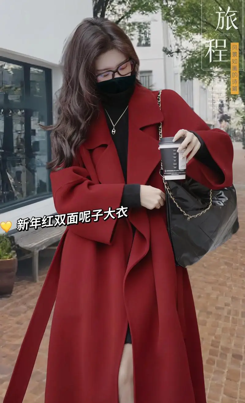 红色圆领毛呢大衣怎么搭配图片女