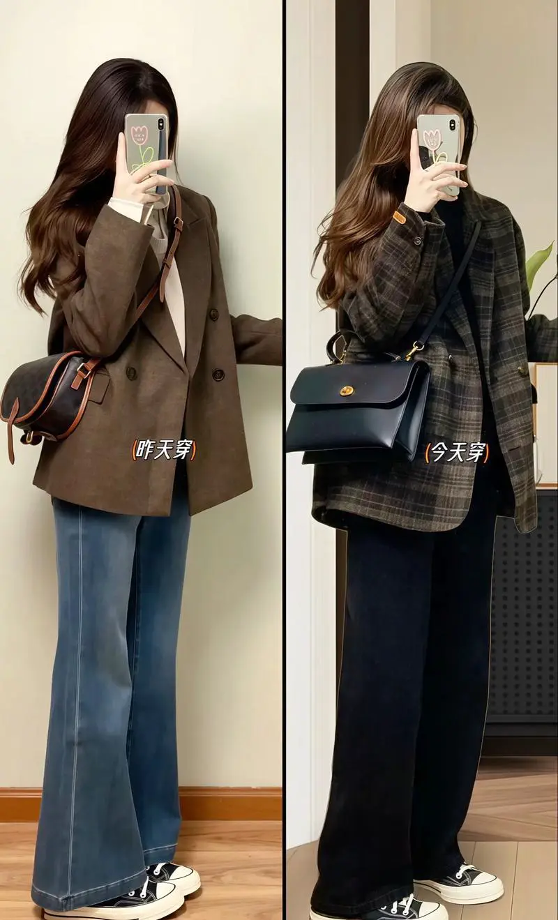 女士格子西服外套怎么搭配什么裤子好看