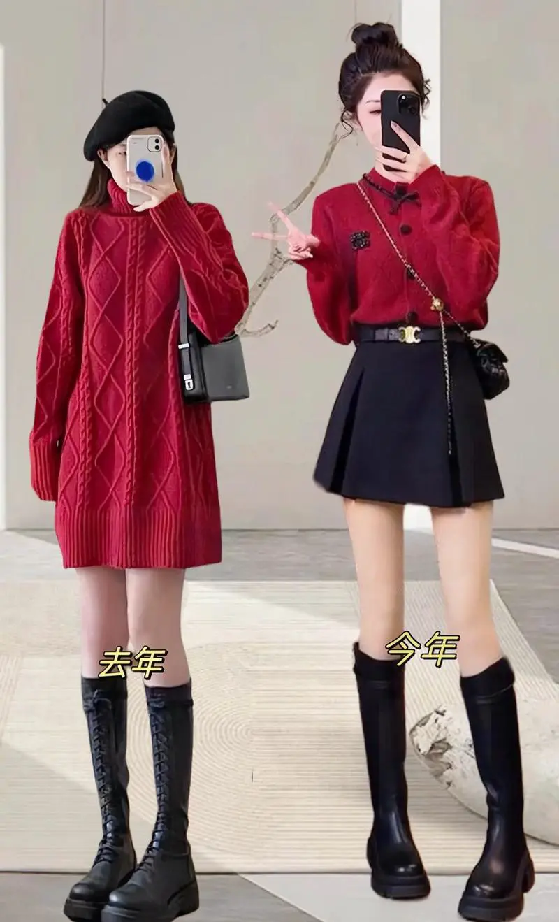 红短毛衣怎么搭配好看图片