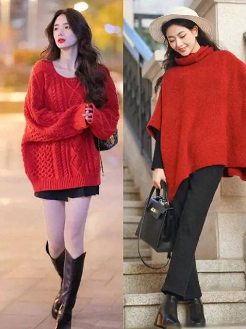 女士红色中款宽松毛衣怎么搭配