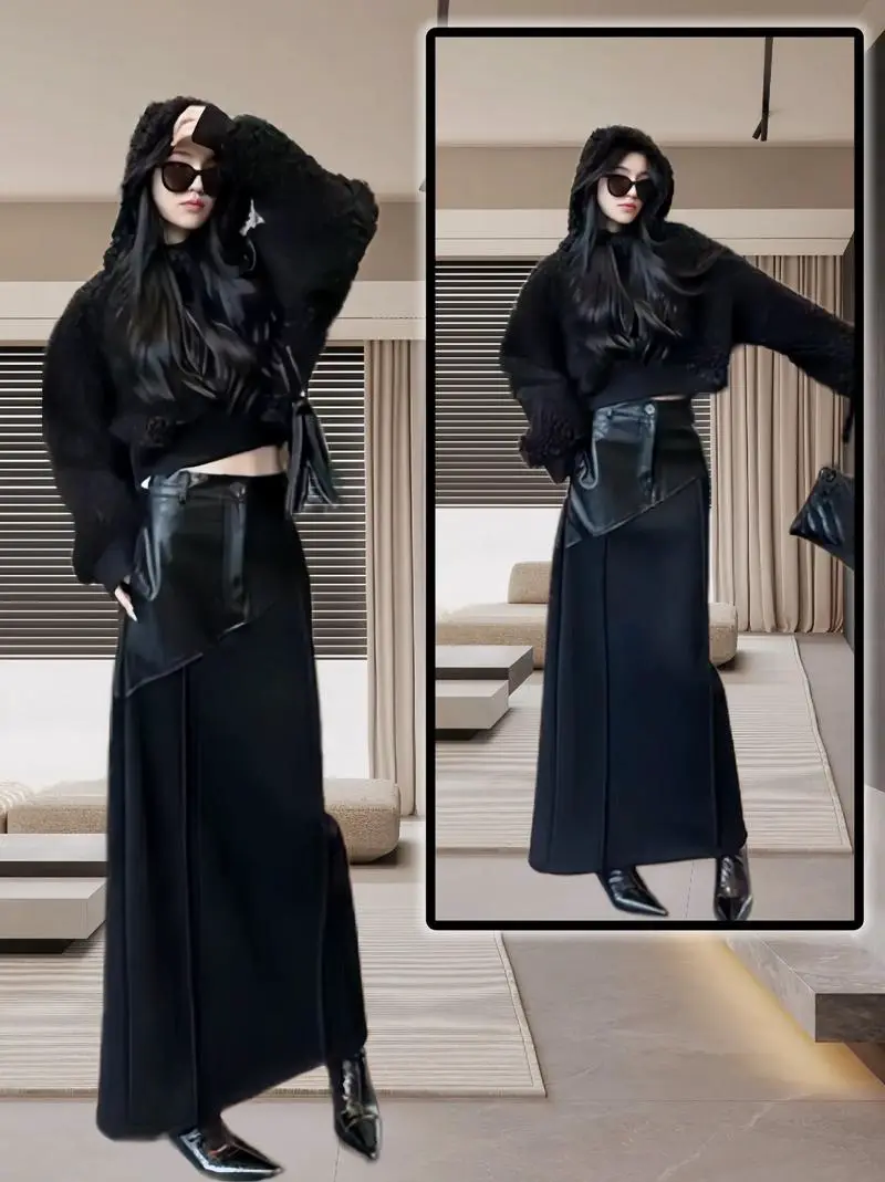 前面开叉皮裙怎么搭配上衣