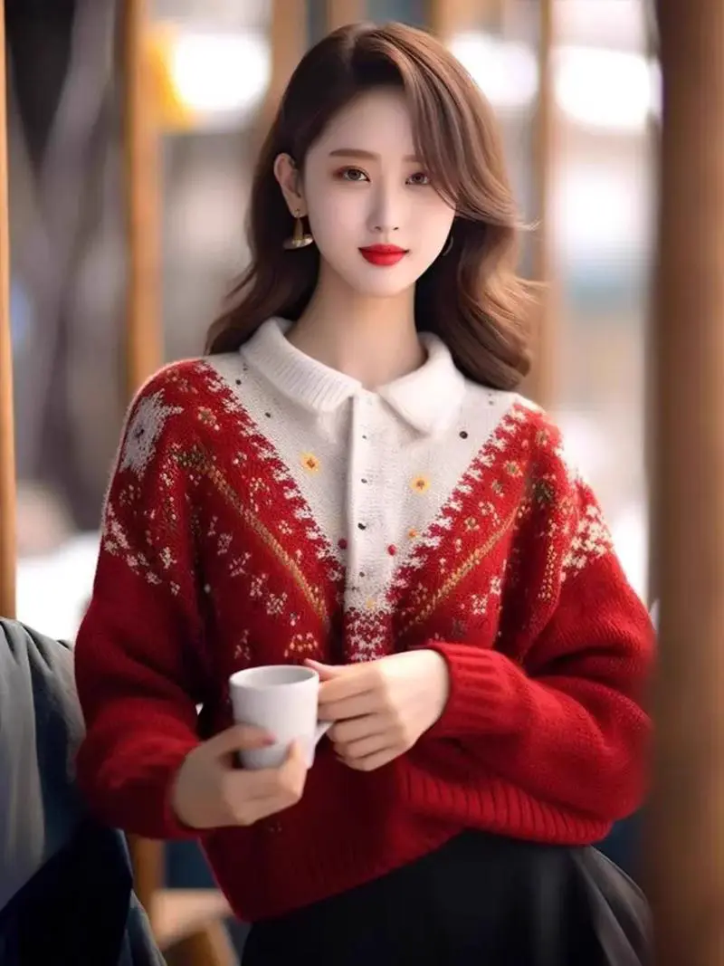 女士红色中款宽松毛衣怎么搭配图片