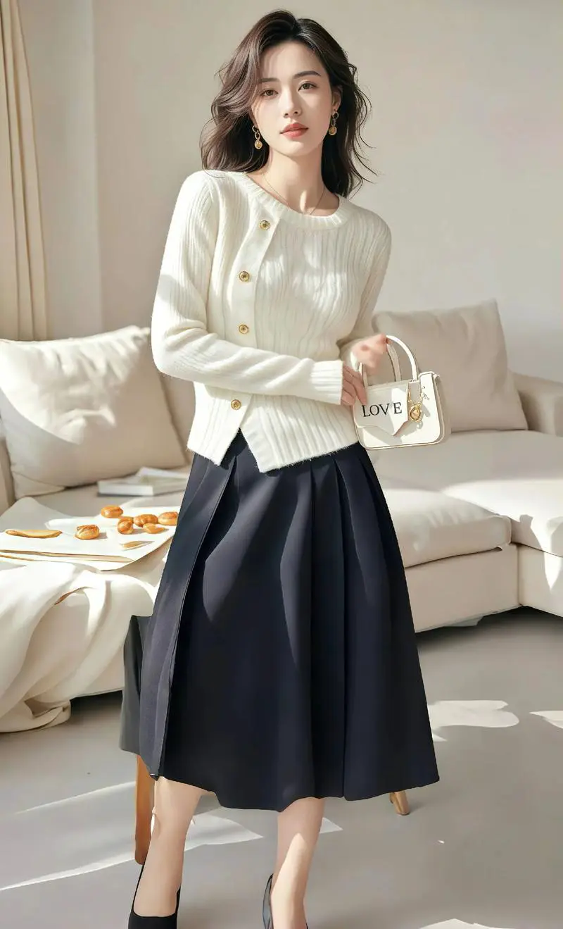 白色羊毛中裙怎么搭配衣服好看吗