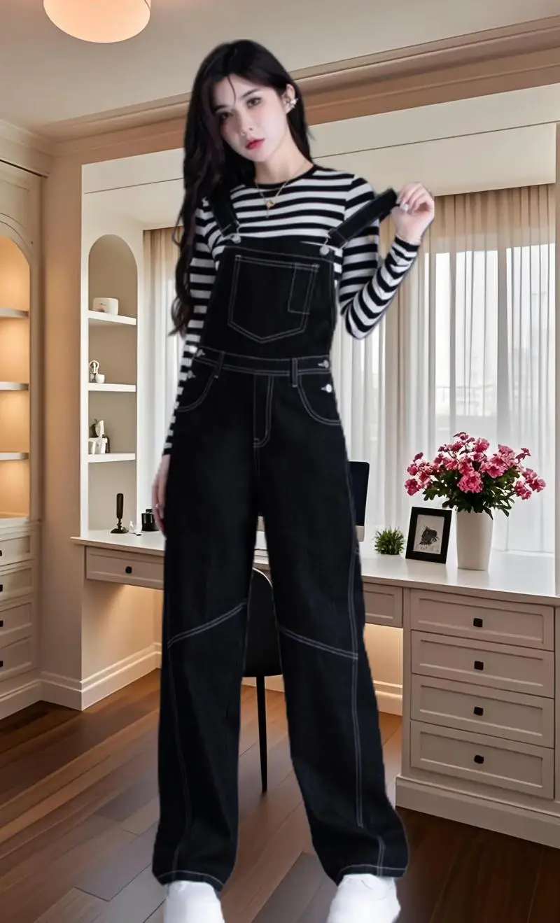 黑色直筒背带牛仔裤怎么搭配什么外套