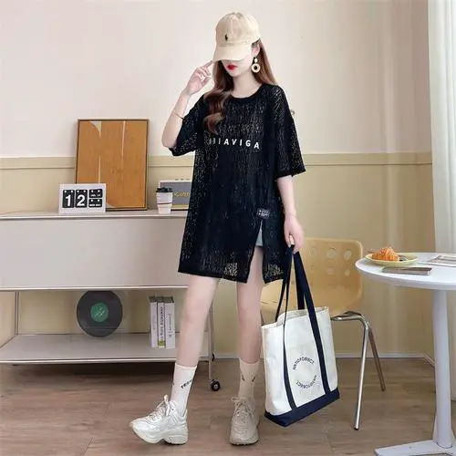 t恤长款前开叉怎么搭配图片