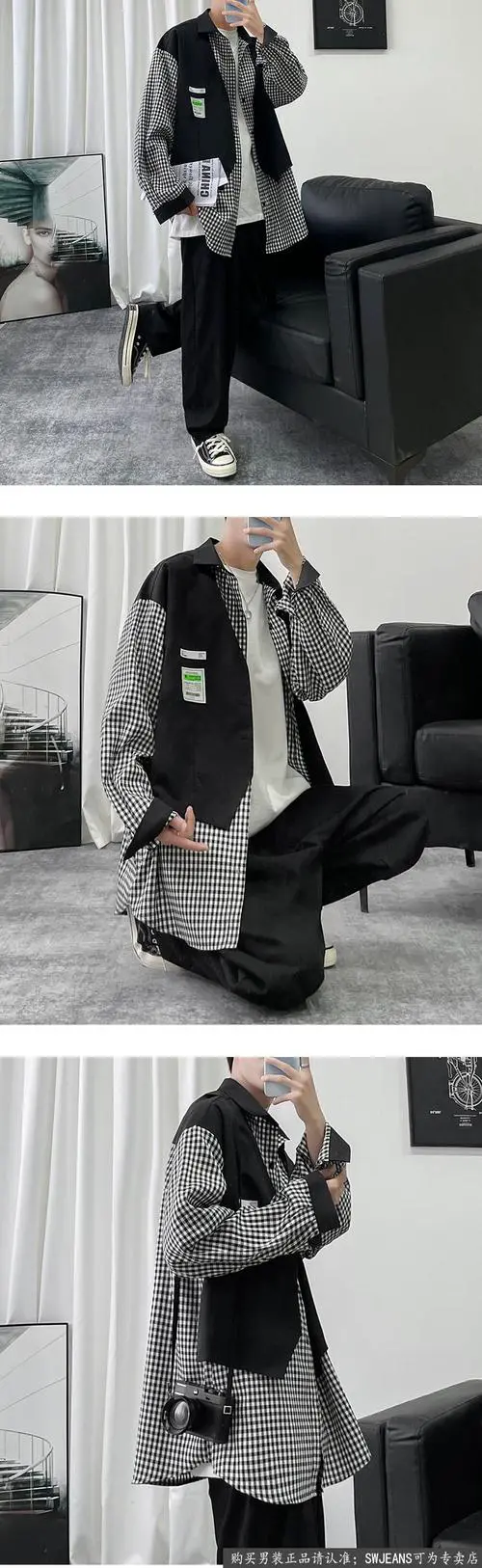 灰色格子长款衬衫外套怎么搭配什么裤子