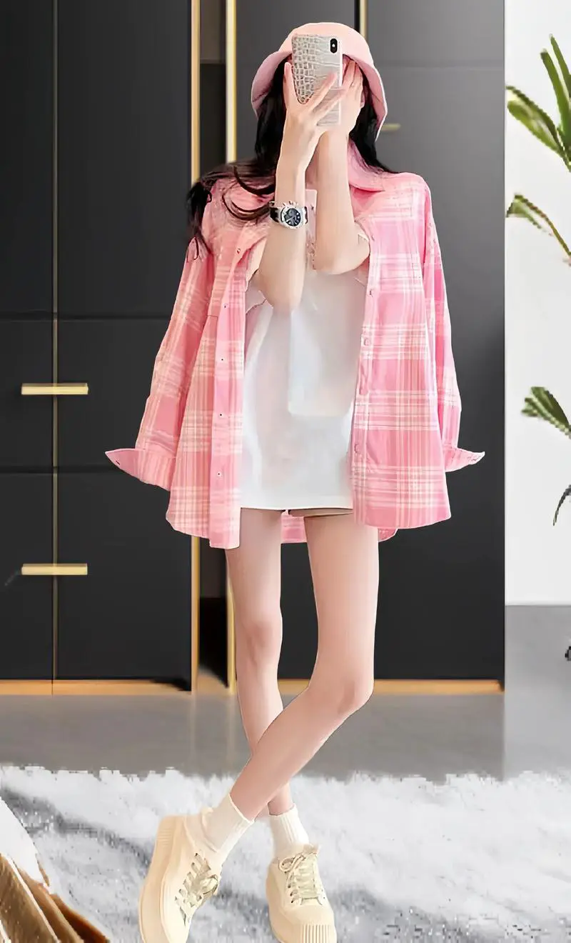 粉色方格衬衫怎么搭配图片欣赏