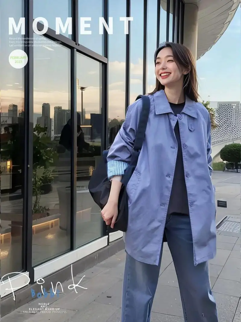 蓝色风衣长款外套怎么搭配围巾