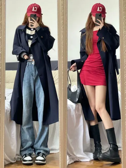 藏蓝色薄风衣怎么搭配图片