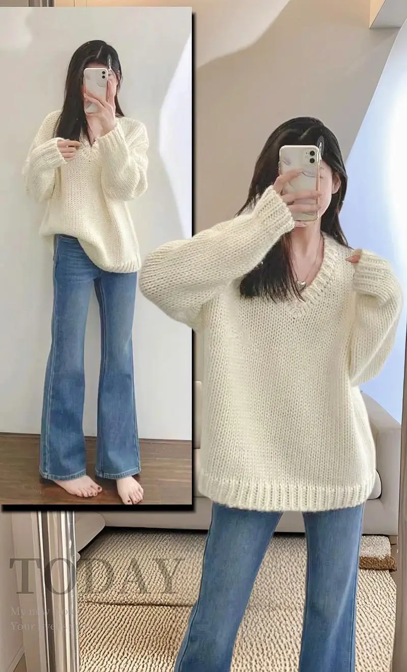 白色v领宽松毛衣怎么搭配什么外套好看