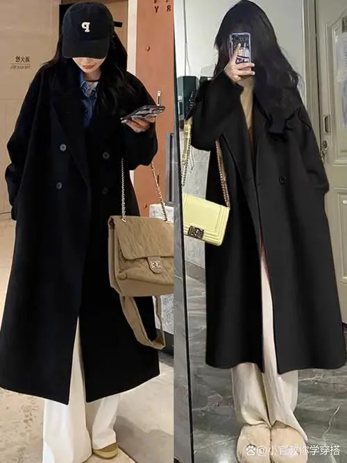 黑色中款毛呢外套怎么搭配