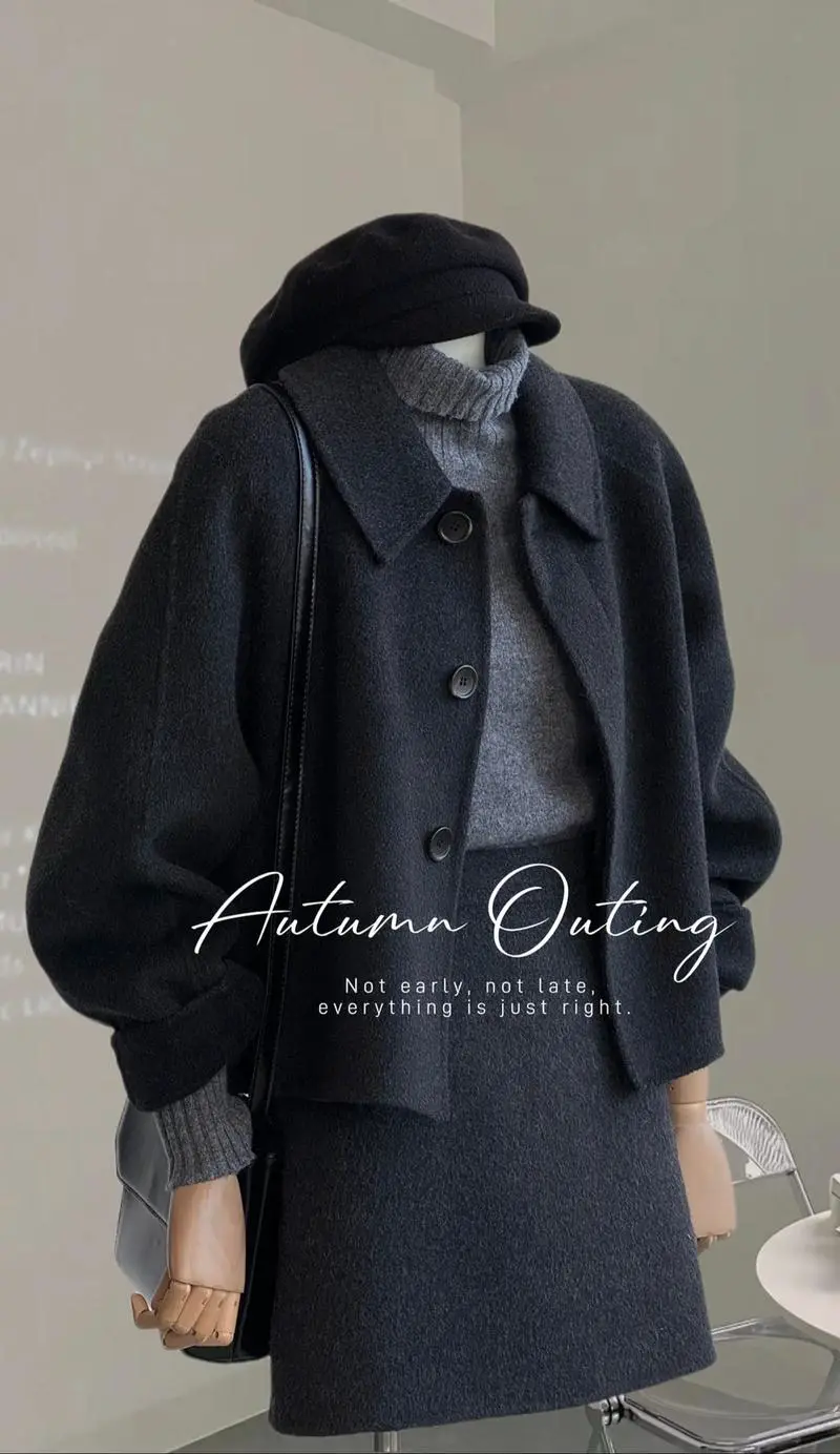 黑色中款毛呢外套怎么搭配什么裤子好看图片