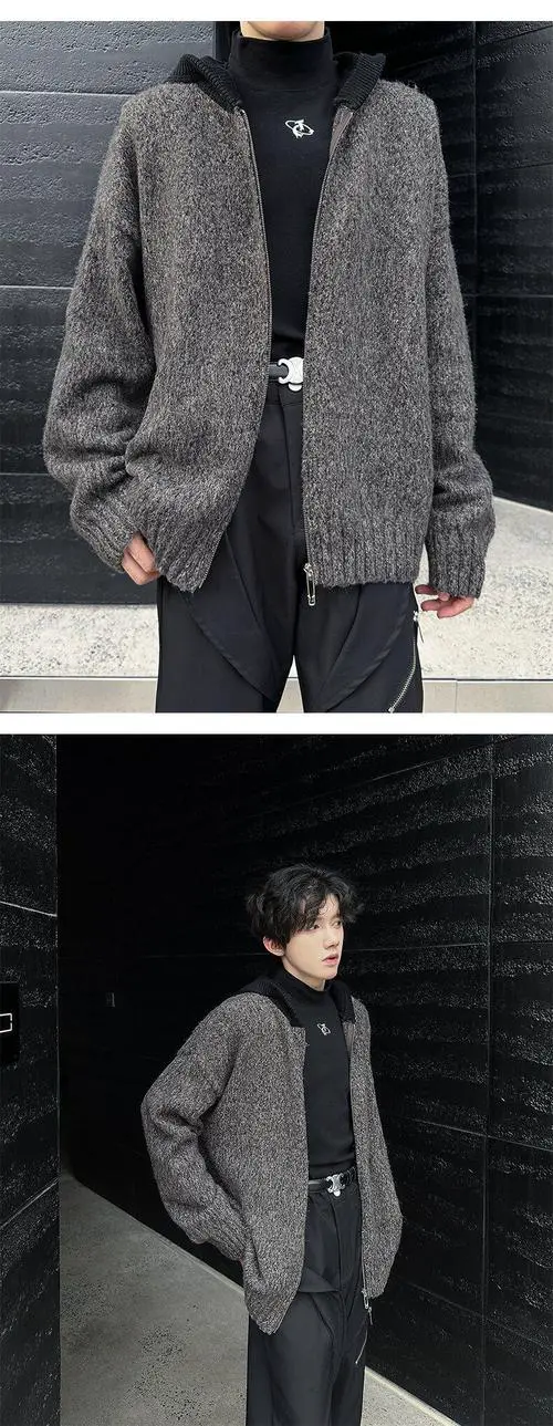 灰色开衫小毛衣怎么搭配图片男