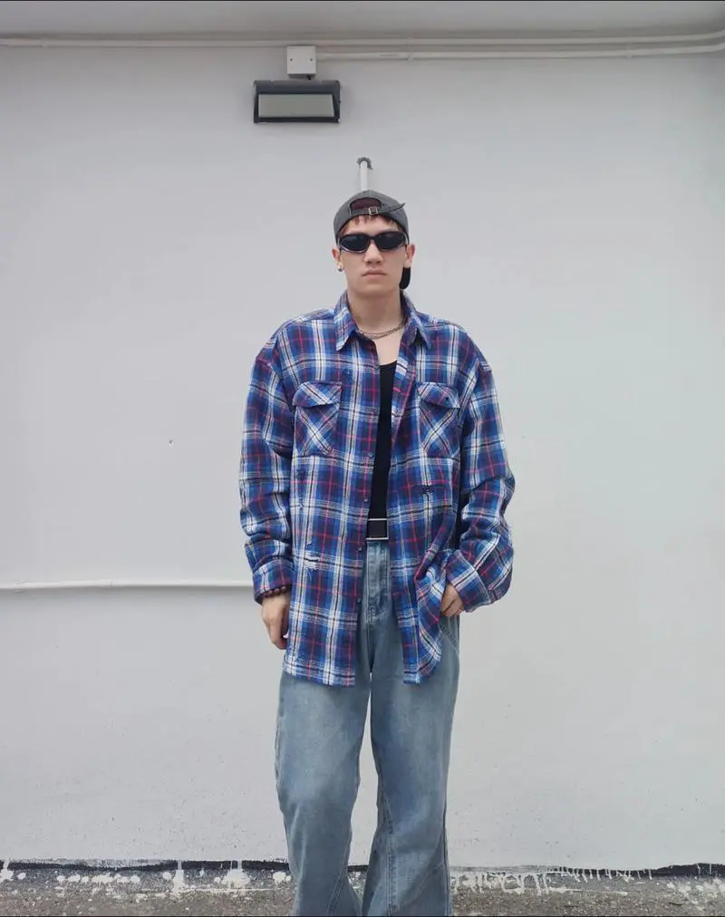 男士深色格子衬衫怎么搭配什么裤子好看图片