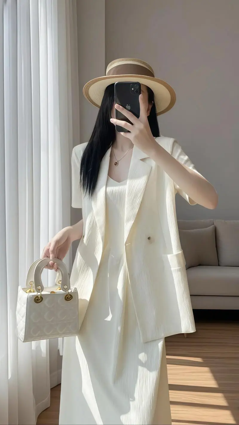 米白色吊带裙怎么搭配