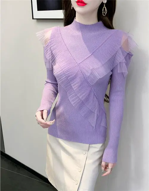 紫色荷叶边毛衣怎么搭配