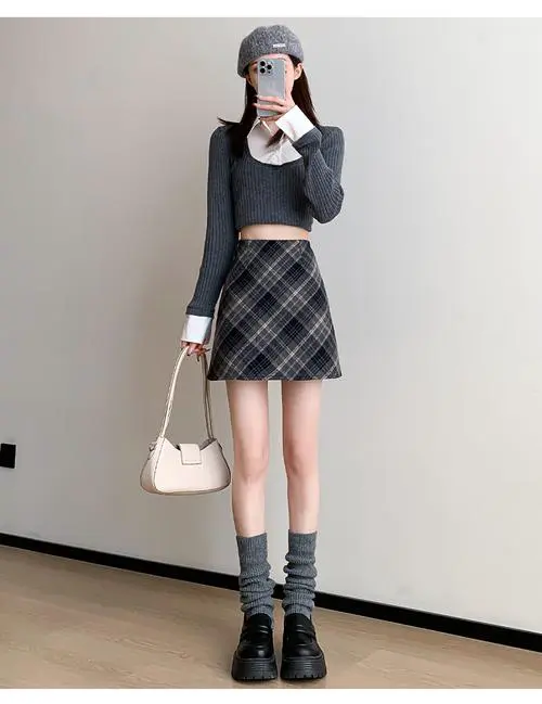 小格子短裙怎么搭配图片欣赏