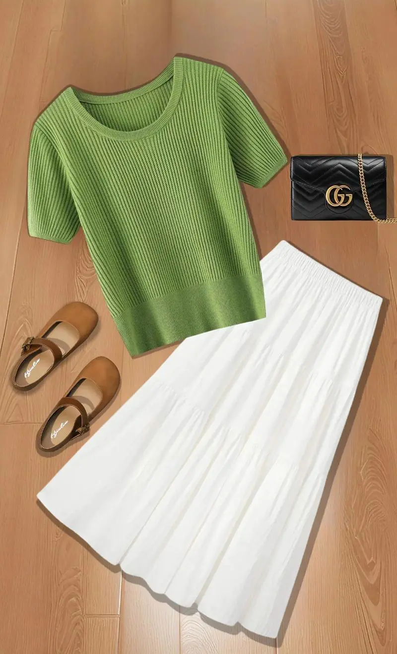 中长款果绿色T恤怎么搭配