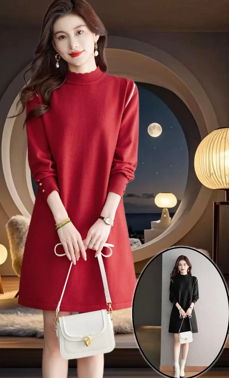 红色针织长裙怎么搭配外套