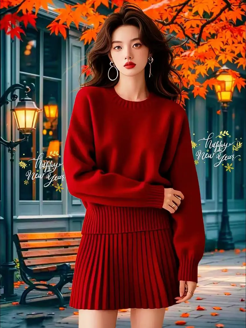 红色针织短裙怎么搭配图片