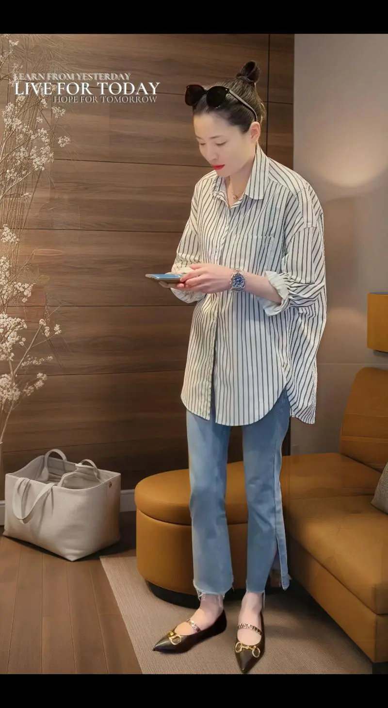 竖条纹长衬衫怎么搭配