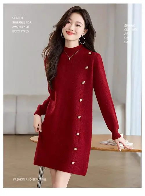 红色针织长裙怎么搭配外套