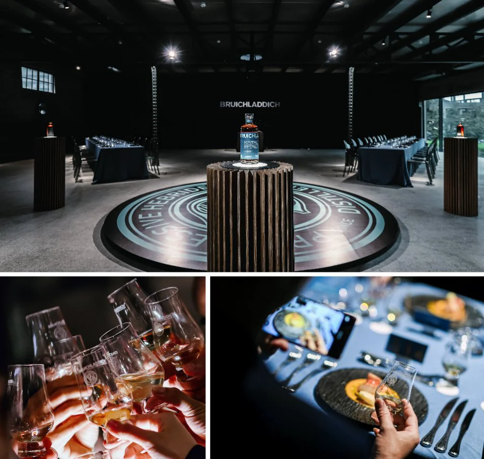 A group of people in a room with a table and a bottle of wine Description automatically generated